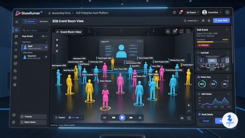 3D event room view with staff avatars